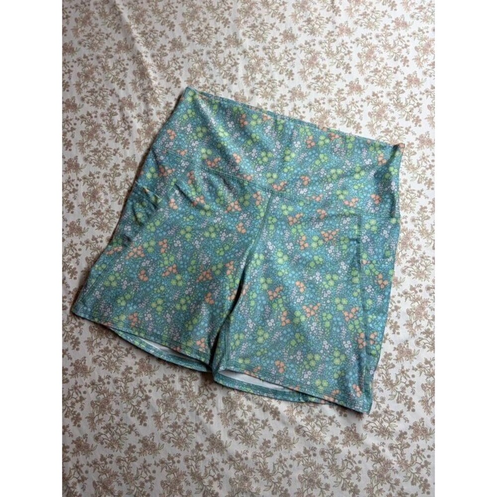 High Rise Compression Biker Shorts Mint Green Multi Floral Pattern Women’s 1X